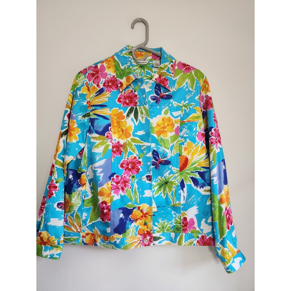 Laura Ashley Bright Floral Blazer Jacket - Size M Lined Cotton Stretch